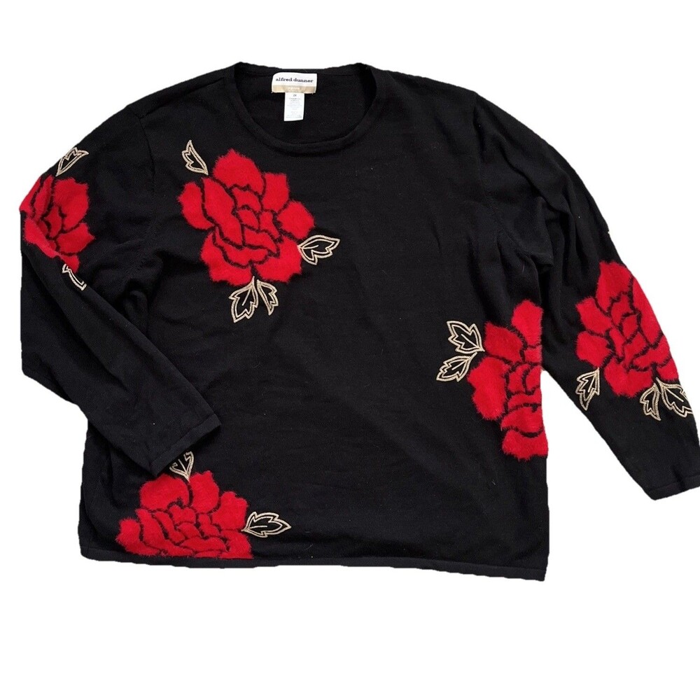 Alfred Dunner Romantic Fuzzy Red Rose Black Sweater Cozy Cottage Flower Size 2X